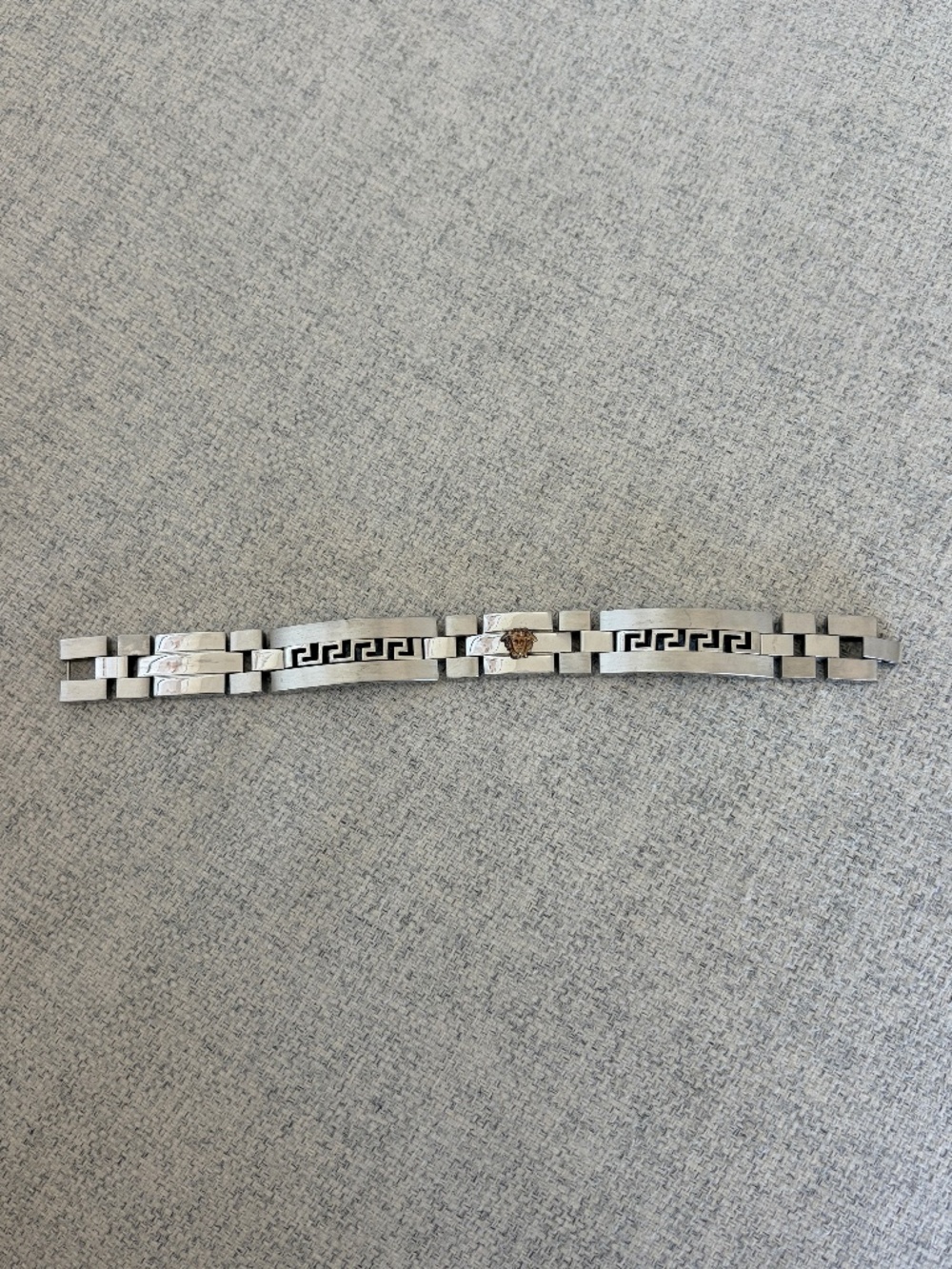 Versace Silver Tone Greek Key & Medusa Motif Link Bracelet